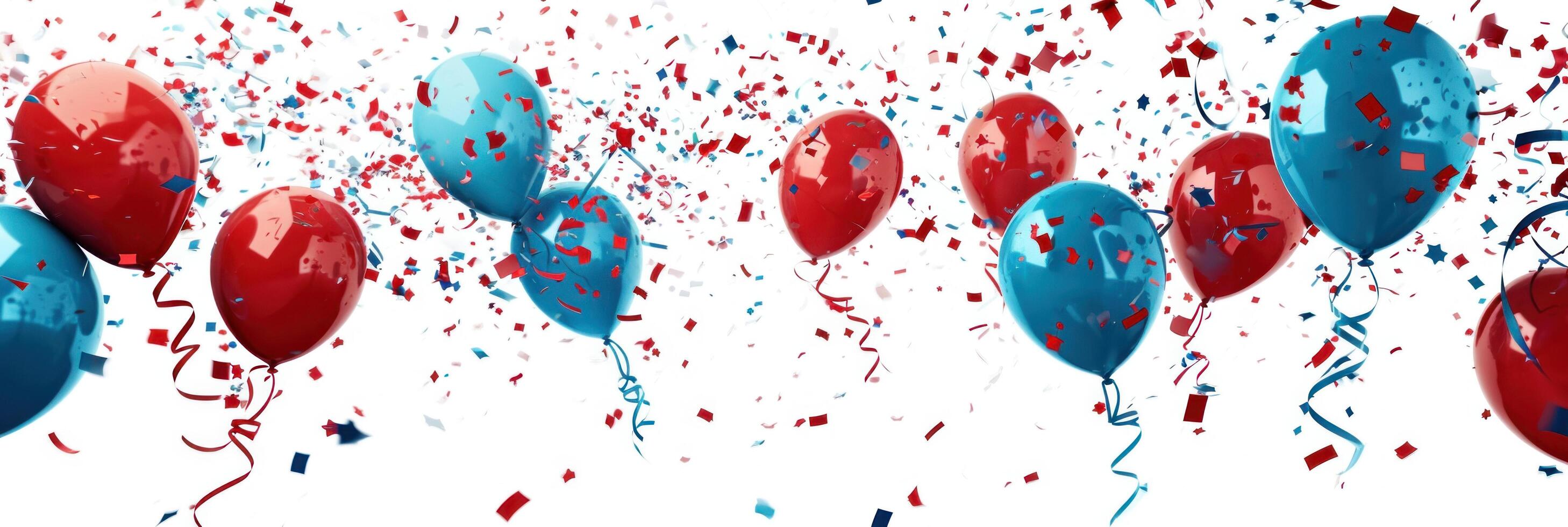 AI generated colorful balloons flying with ribbons and confetti photo