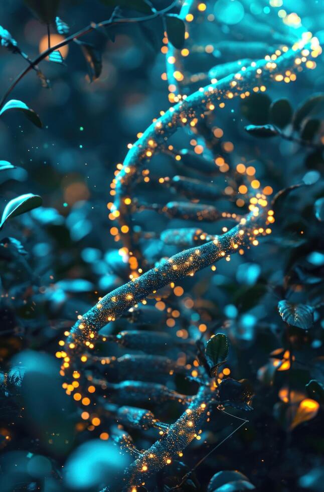 AI generated dna strand with lights all around it photo