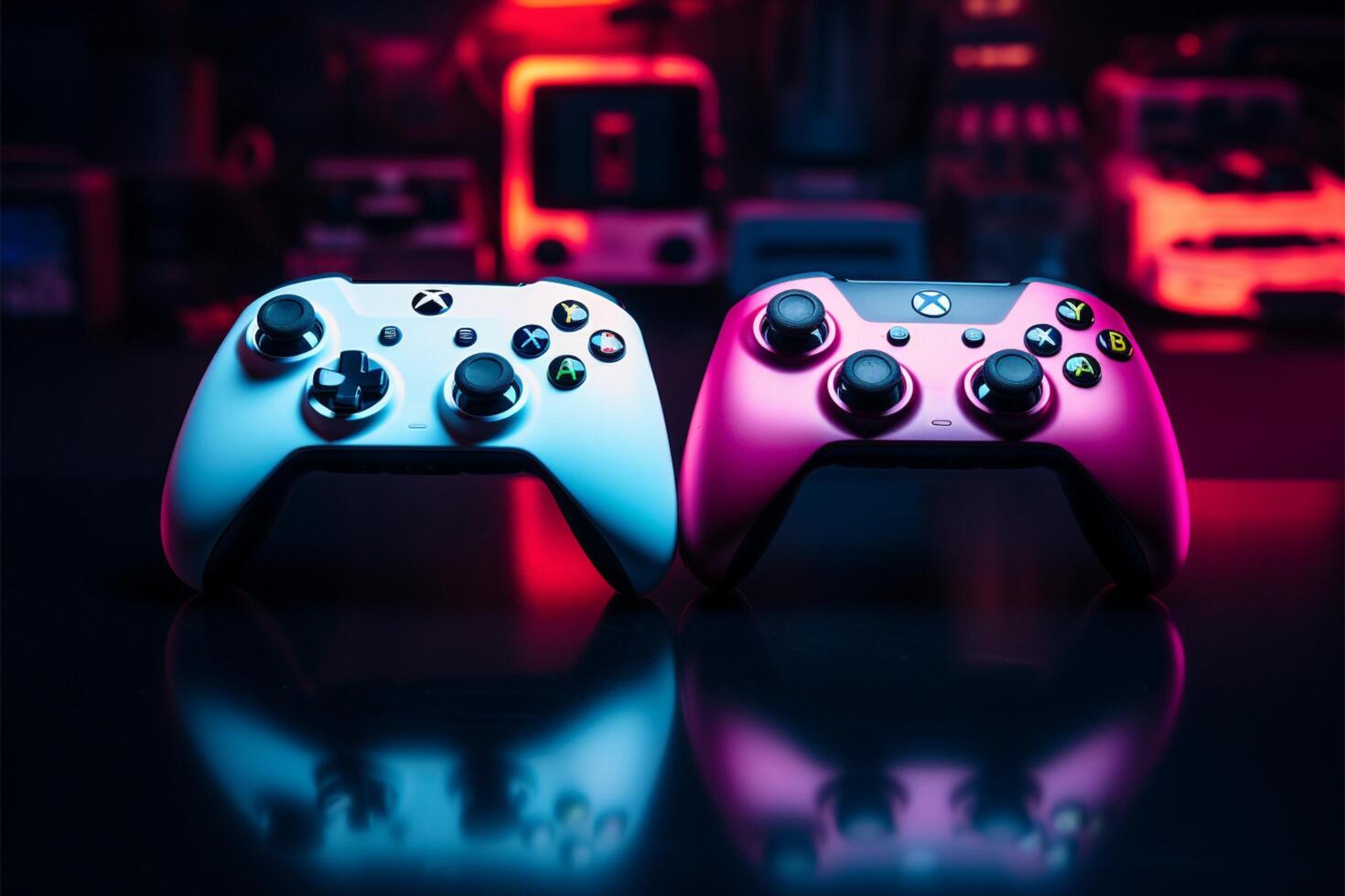 Side by side, two game controllers await players eager hands AI Generated photo