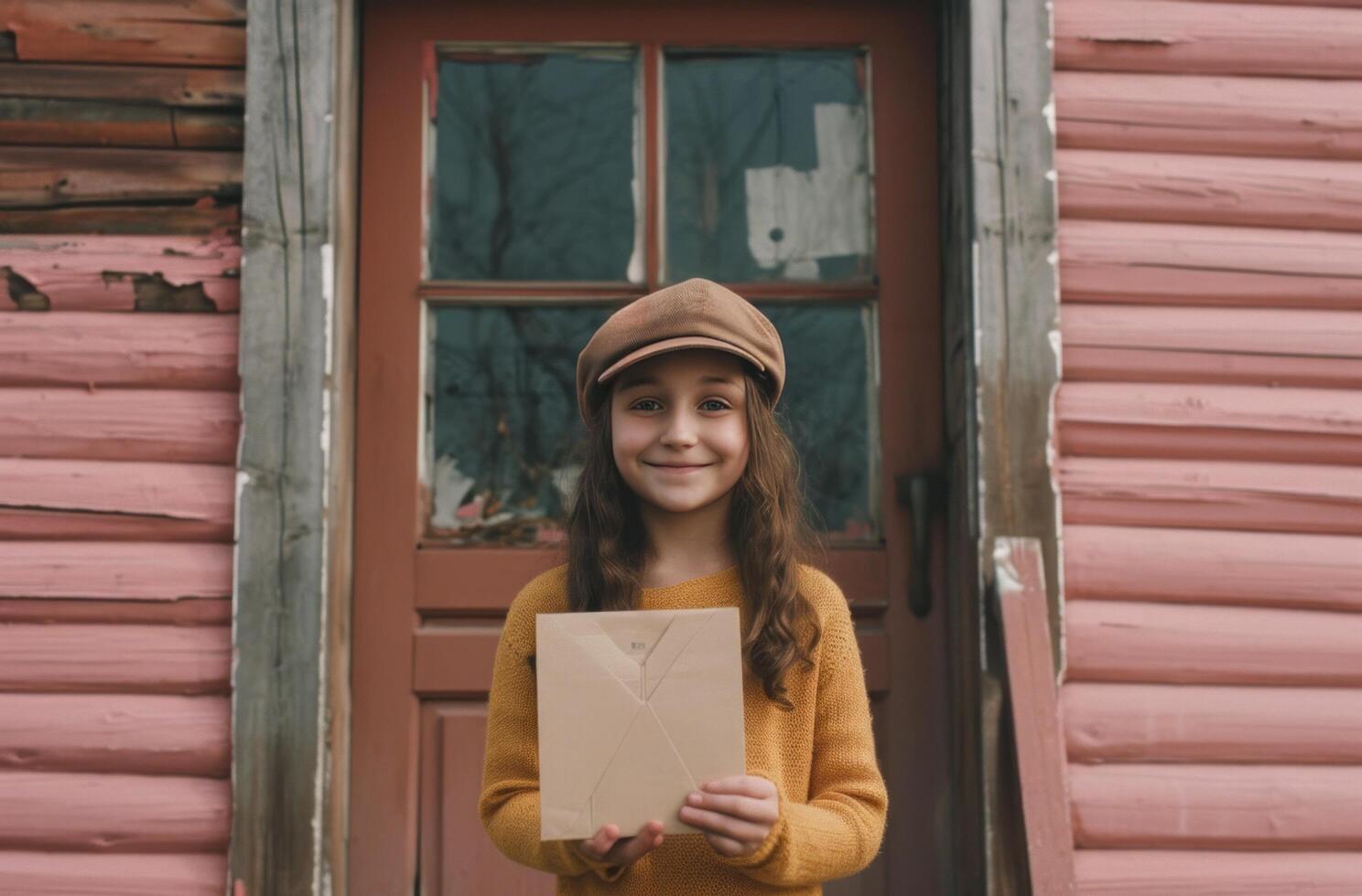 ai generado sonriente joven niña participación un sobre fuera de su hogar foto