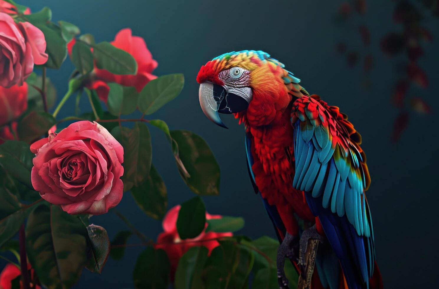 AI generated red roses and a colorful parrot photo