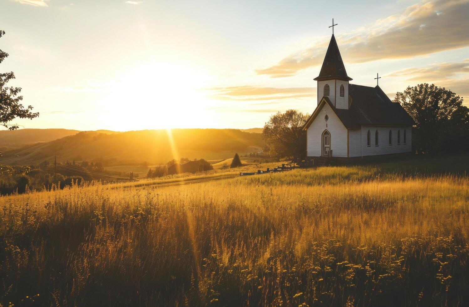 AI generated the sun is setting over a country church photo