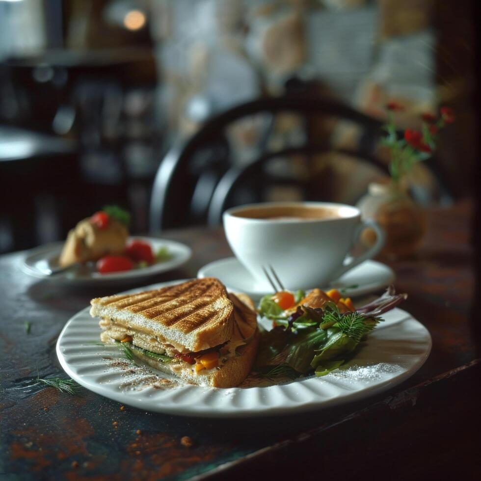 ai generado el plato contiene un gratis emparedado con un taza de café foto