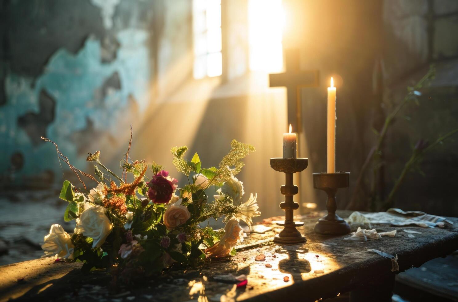 ai generado crucifijo y flores en un icono luz de una vela foto