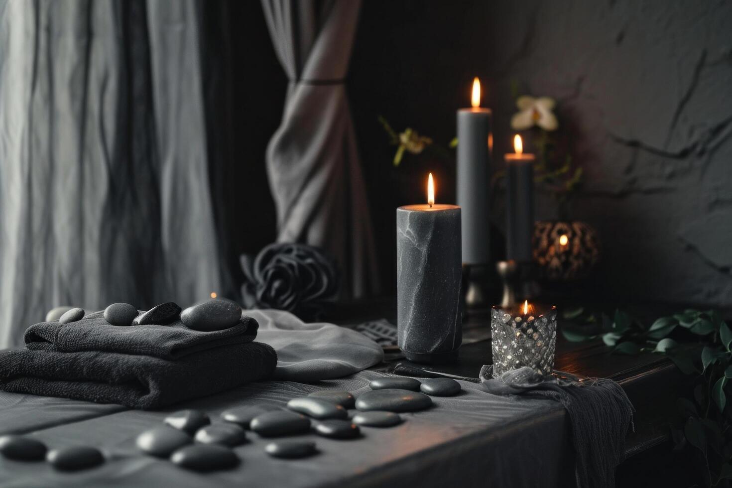 AI generated spa stones and candles on wooden table photo
