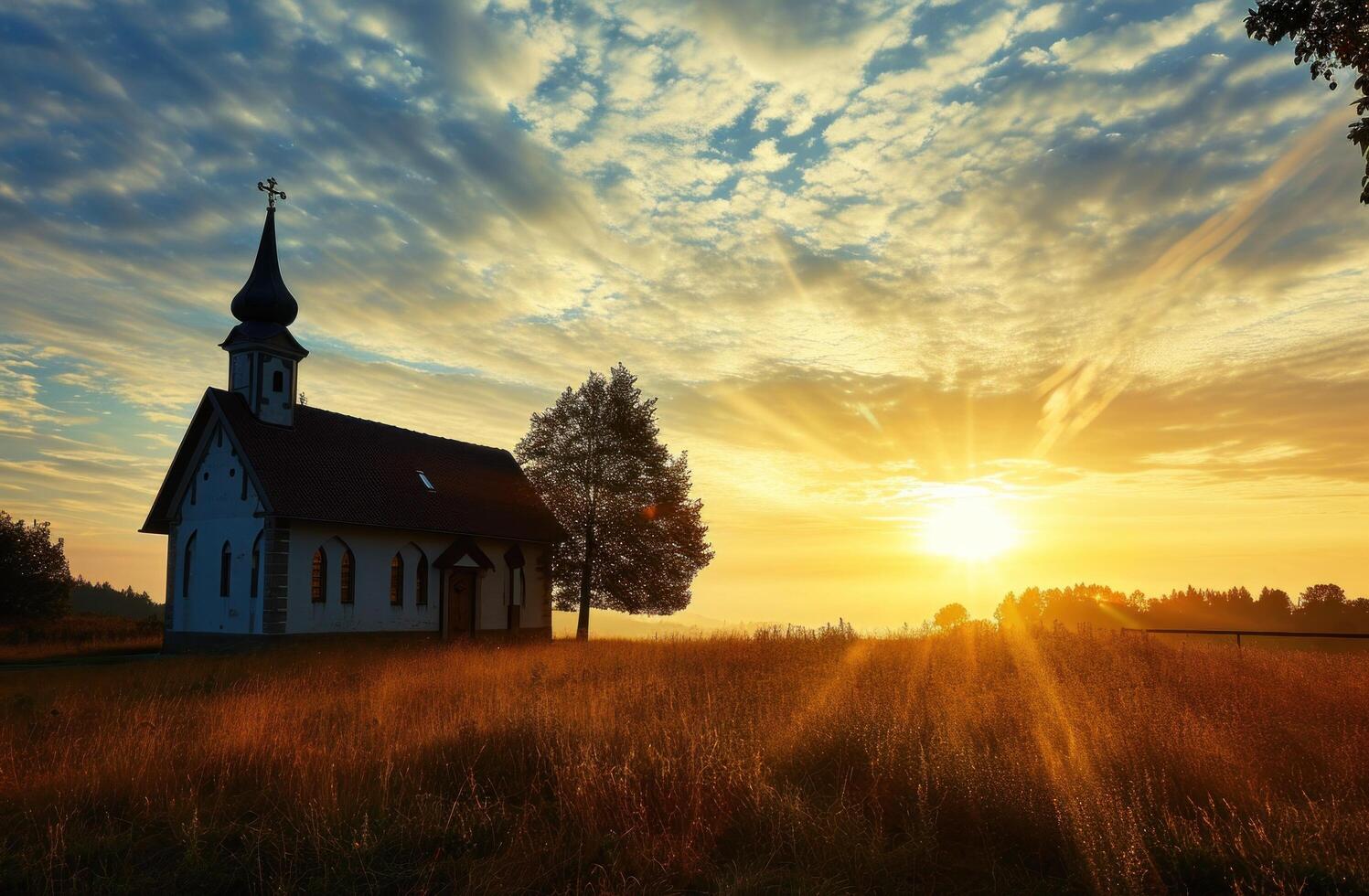 AI generated the sun is setting over a country church photo