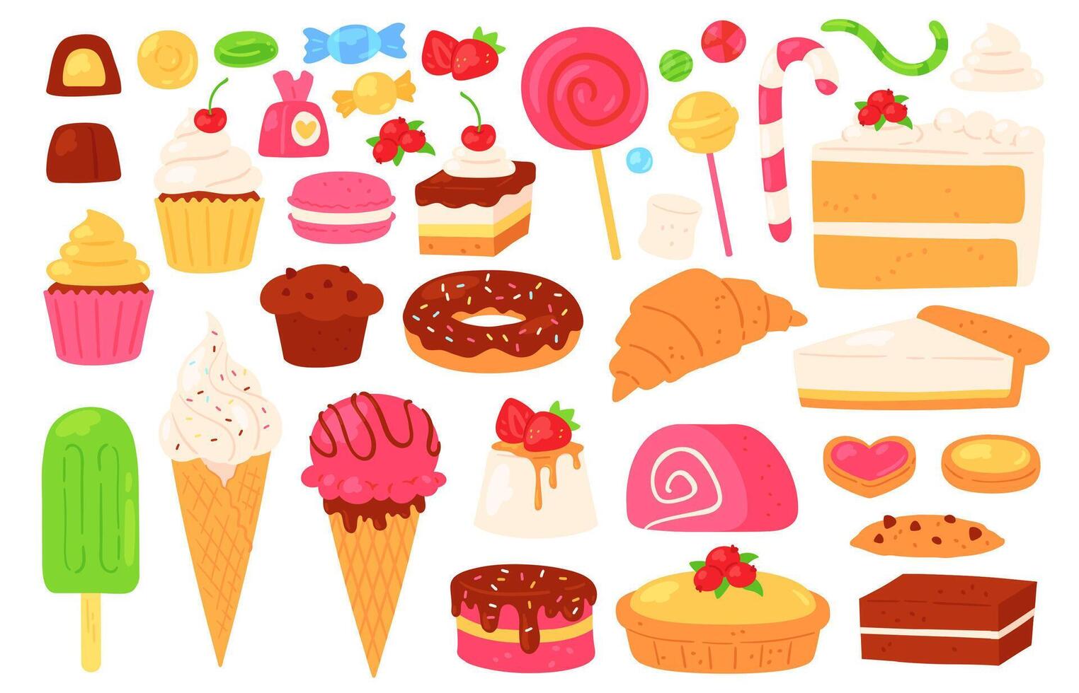 Cartoon candy and sweets. Cupcakes, ice cream, lollipops, chocolate and jelly candies, biscuit pastries and cakes. Confectionery vector set