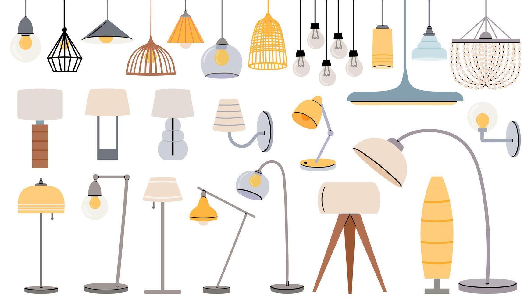 Cartoon lamps. Cozy flat torcheres, hanging chandeliers and lamp for table, floor. Home illumination design for modern interior vector set