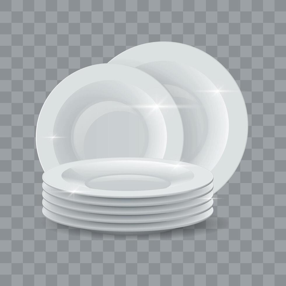 Washed dishes. Realistic clean dinner plates stack for detergent or dishwasher soap ads. Ceramic shiny tableware dish pile 3d vector mockup