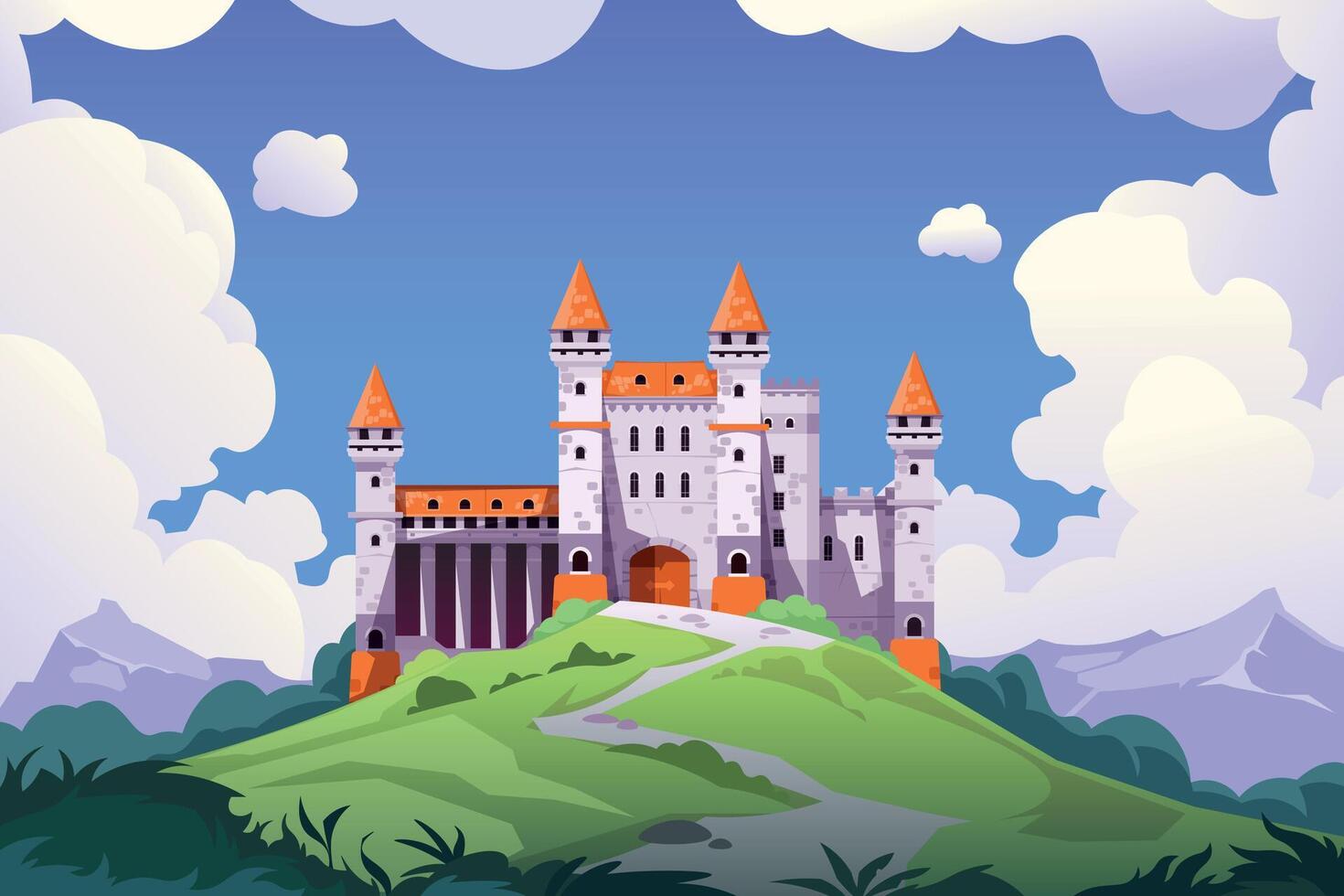 Medieval castle landscape. Cartoon medieval chateau with towers and stone walls, fairy tale palace and princess castle. Vector fantasy background