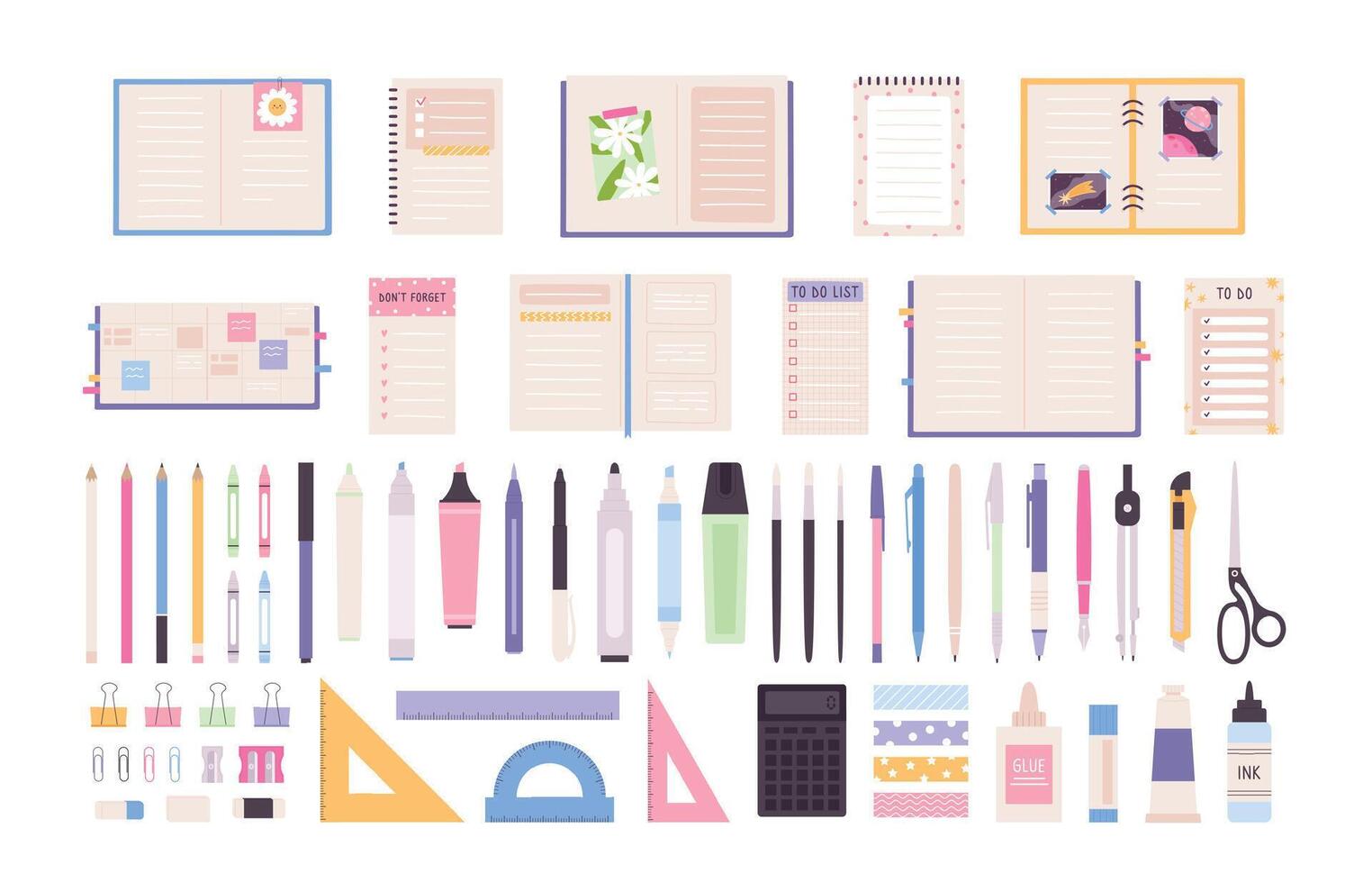 Office or school stationery items, pens, notebooks and planners. Pencil, markers, crayons and ruler. Decorative work desk objects vector set