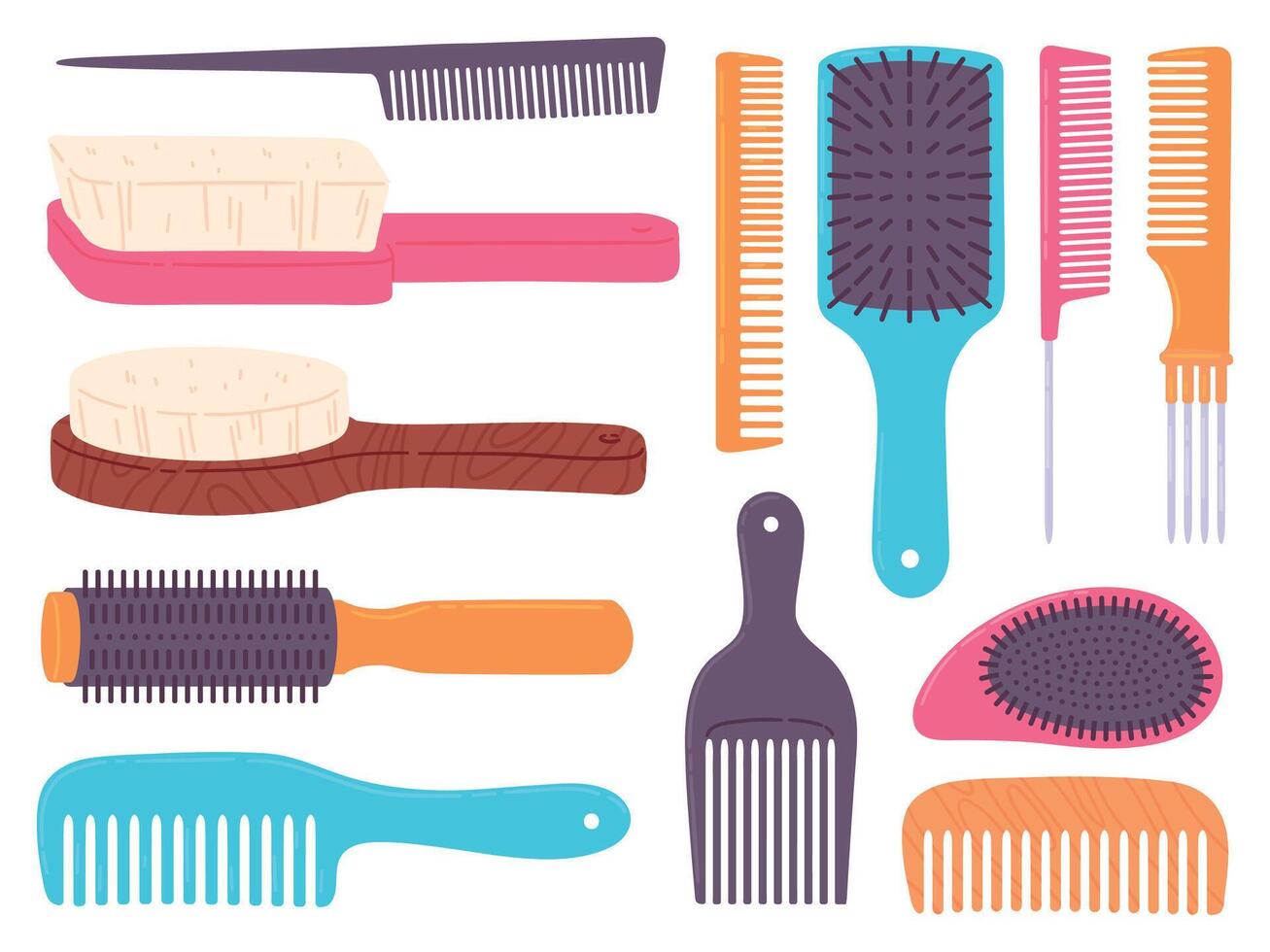 Cartoon hairbrushes and professional comb for hair styling. Curling and style brush. Hairdresser, stylist and beauty salon tools vector set