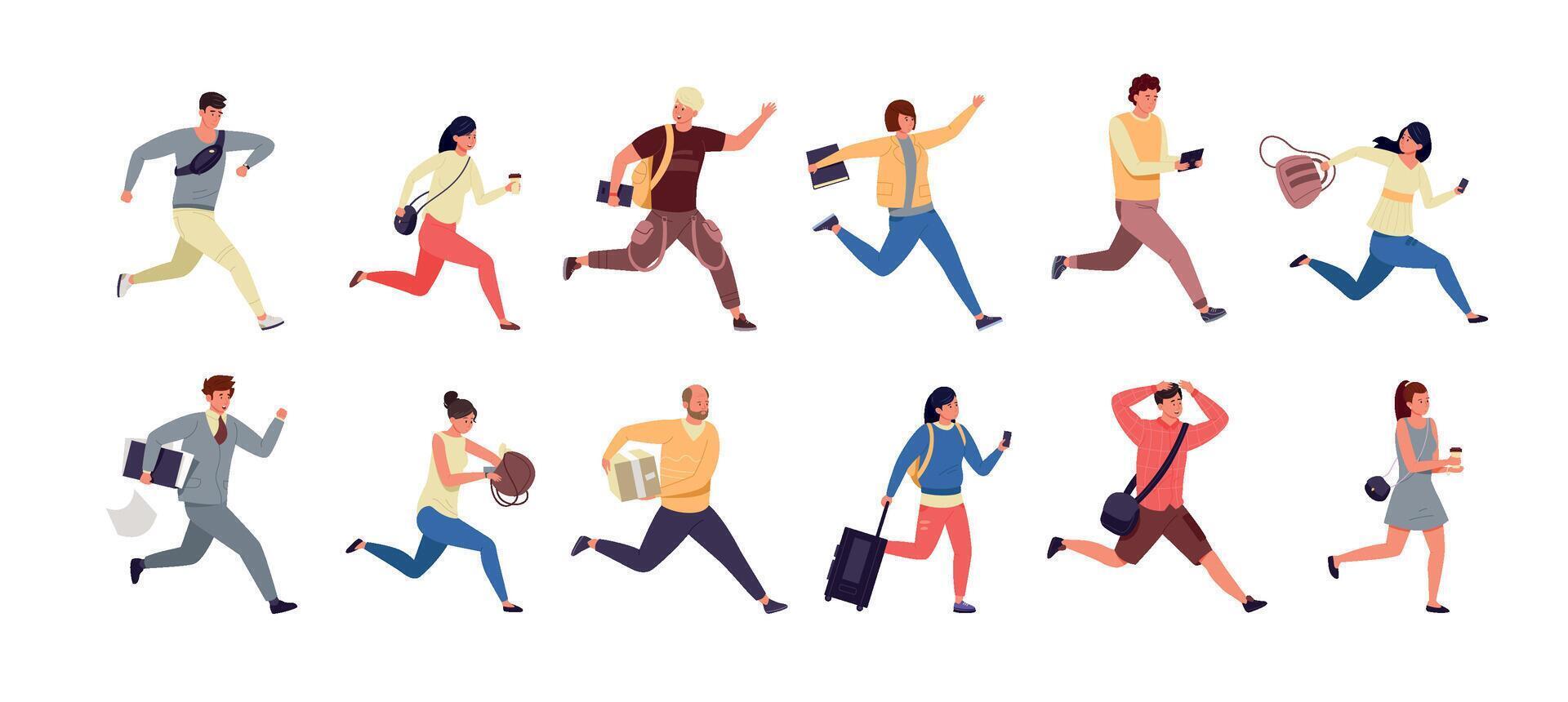 Hurrying people. Cartoon people late for work, men and women characters in casual clothes running and jogging. Vector set