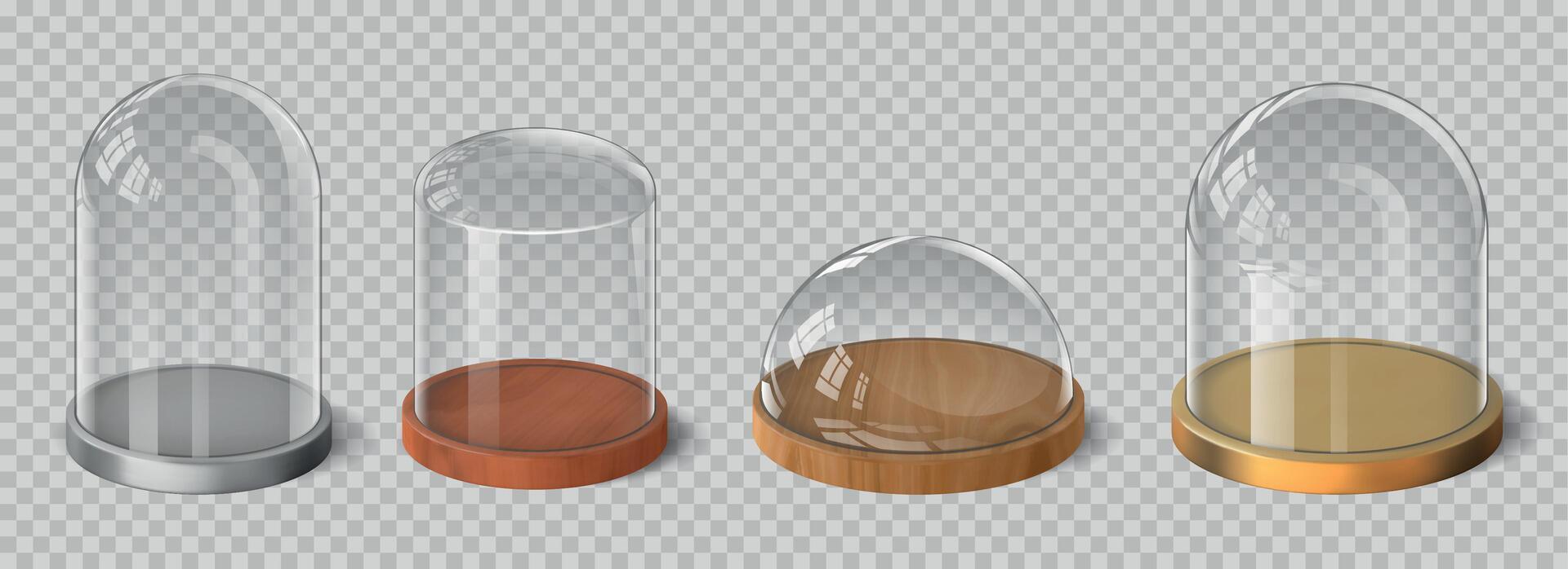 Realistic 3d glass domes with wooden, silver and gold tray. Crystal bell, cylinder and hemispherical exhibition case containers vector set