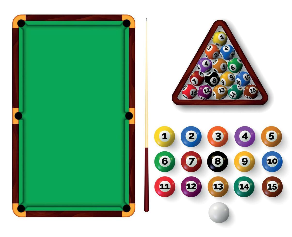 Billiard table with pockets, balls, triangle rack and cue. Realistic snooker sport equipment, green pool table top view and ball vector set