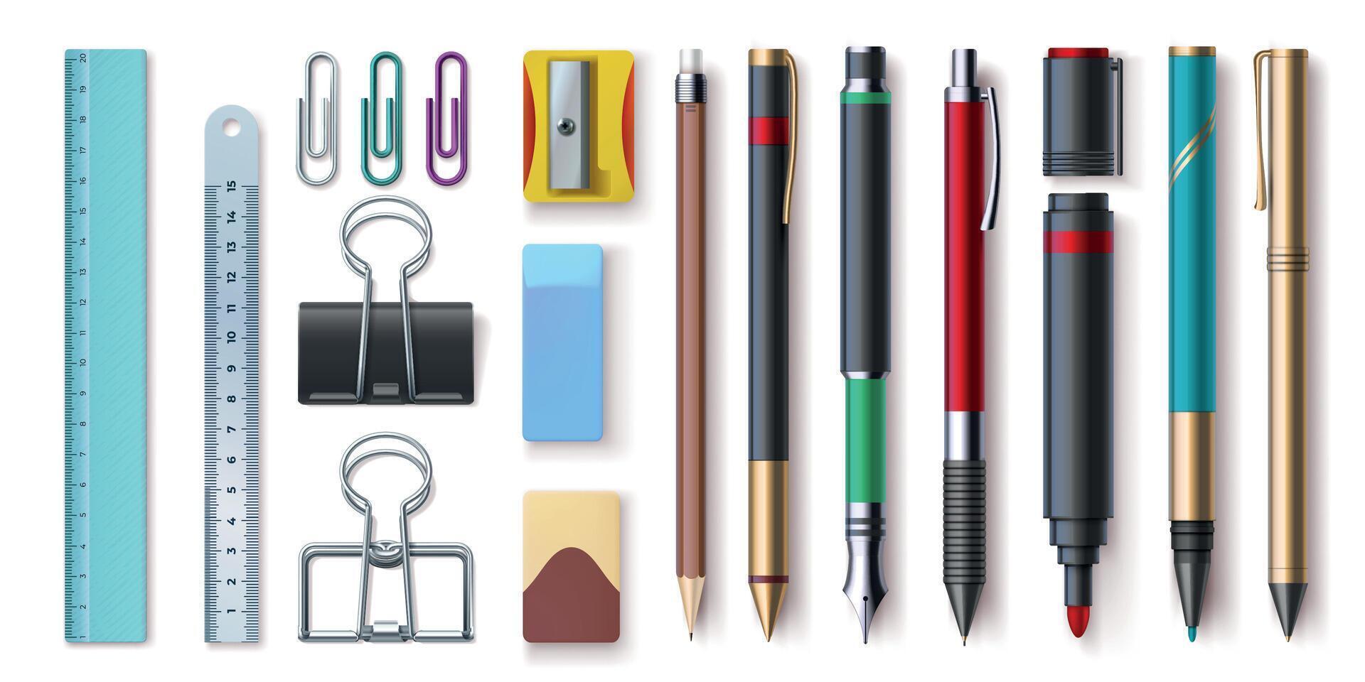 Realistic office stationery, writing tools, paper clips, and ruler. Pen, pencil, marker, sharpener and eraser. 3d school supplies vector set