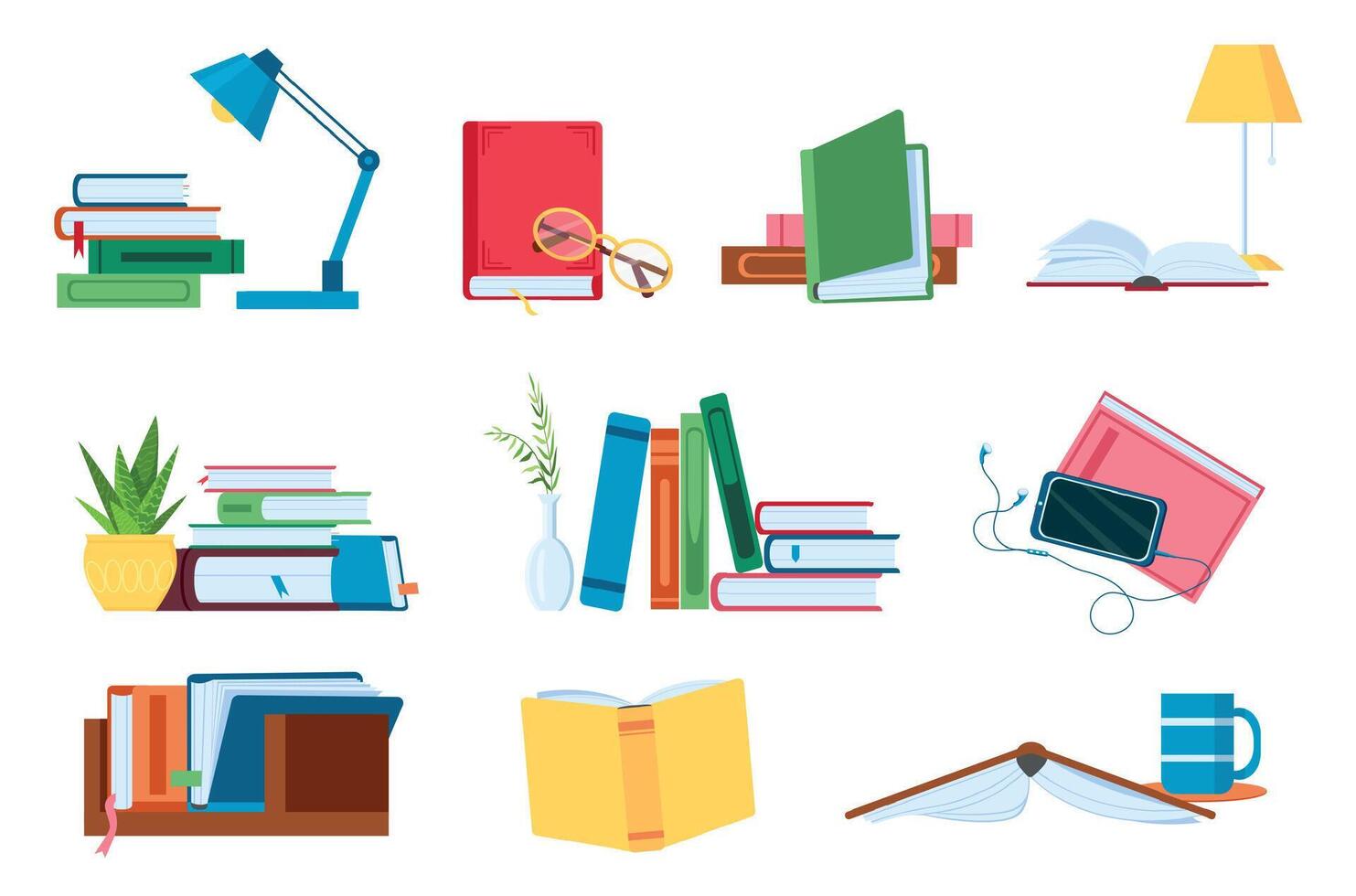 Reading literature, flat book stacks and piles for study. Open and closed books with lamp. Bookstore, school or audiobook vector concept set