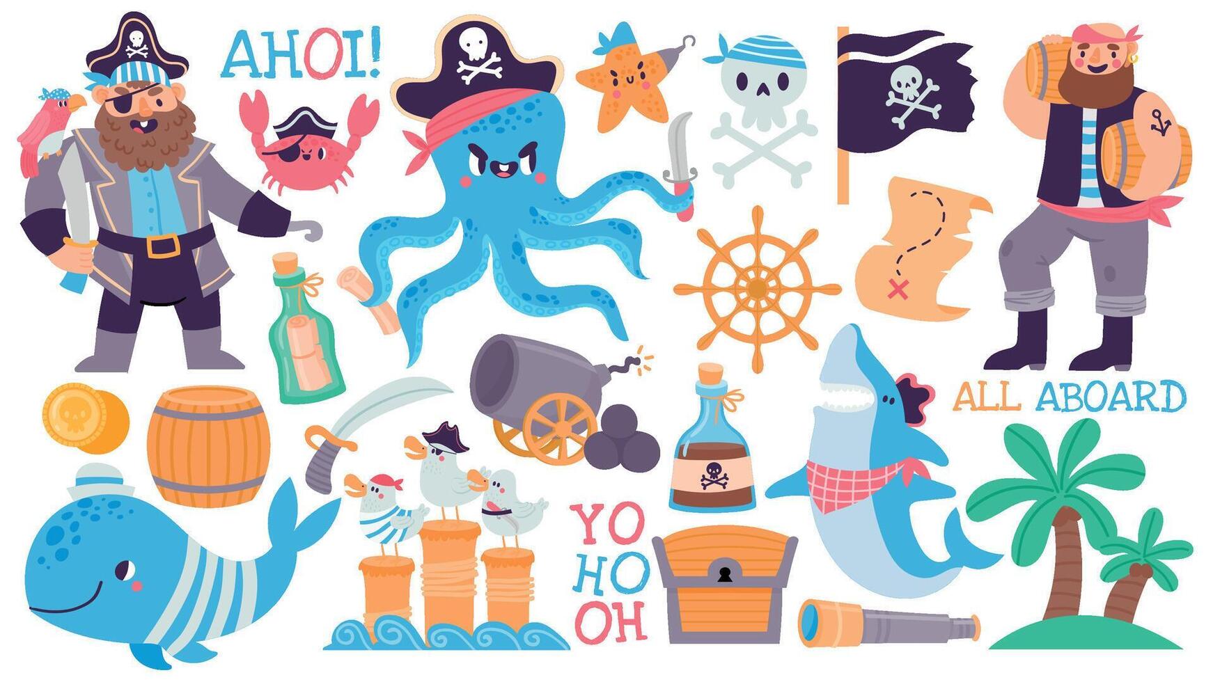 dibujos animados pirata capitán y marinero, cráneo, tesoro cofre y mapa. aventuras isla, tiburón, pulpo, bandera y Ron. niños piratas vector conjunto