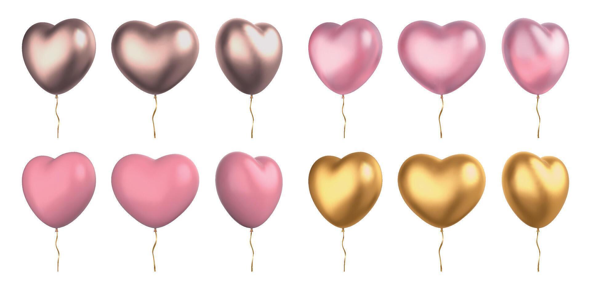 Realistic 3d valentine pink and golden heart shaped balloons. Love symbol wedding decoration with ribbons. Valentines day hearts vector set