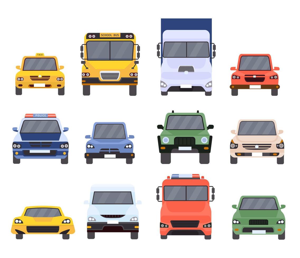 Cars front view. Flat urban vehicles taxi, police, delivery service, school bus, van, truck and sport vehicle. Cartoon car model vector set