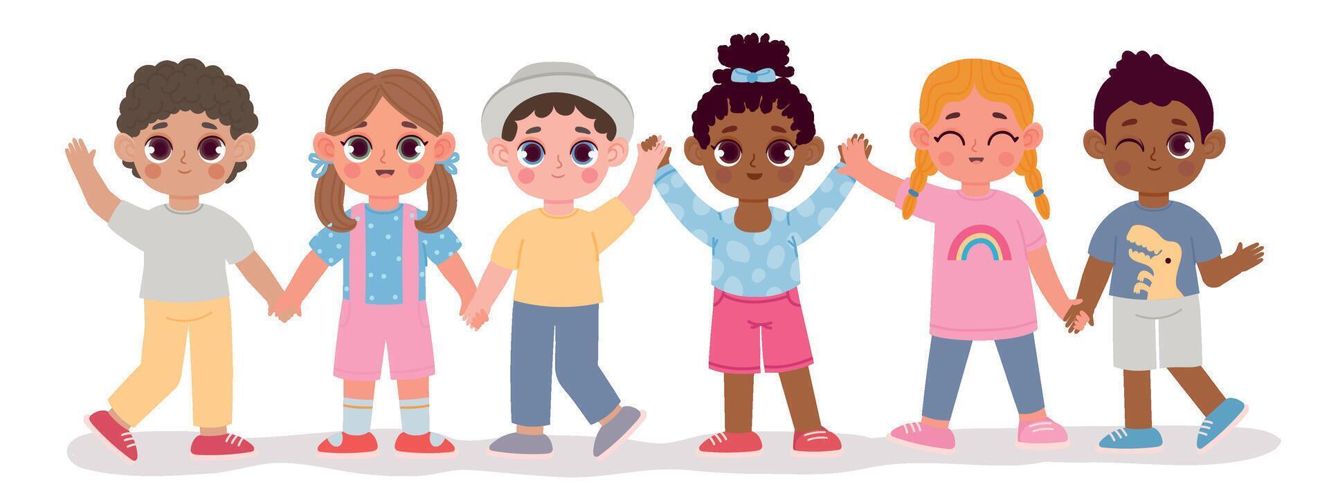 Cartoon kindergarten multicultural kid friends hold hands. Happy children diverse group. Multiracial boy and girl characters vector concept