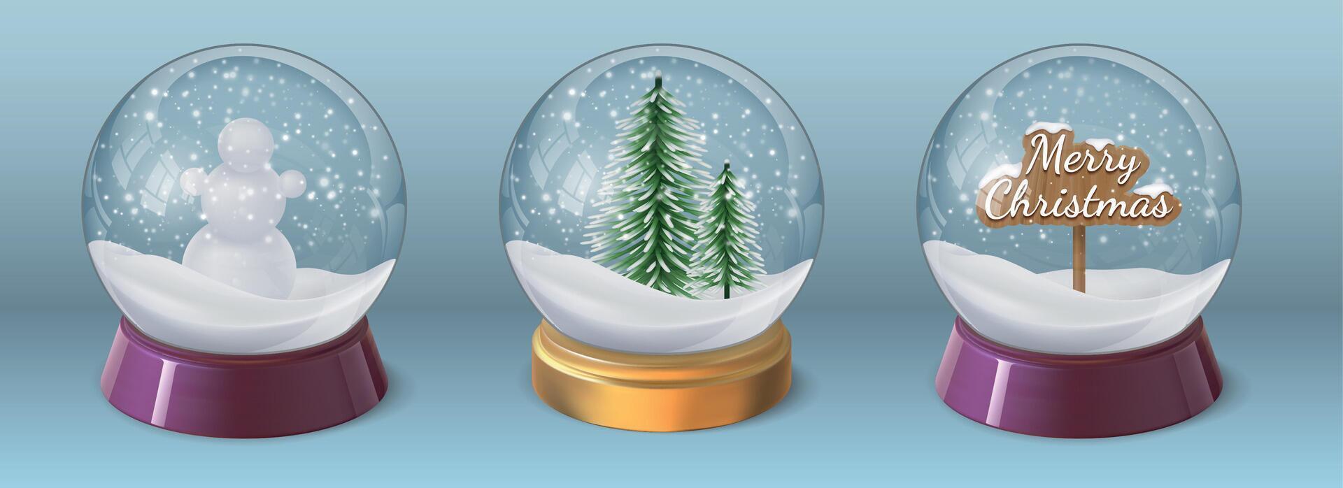 realista cristal nieve pelota con monigote de nieve y Navidad árbol. vaso globo esfera con invierno fiesta decoración. 3d Navidad bola de nieve vector conjunto