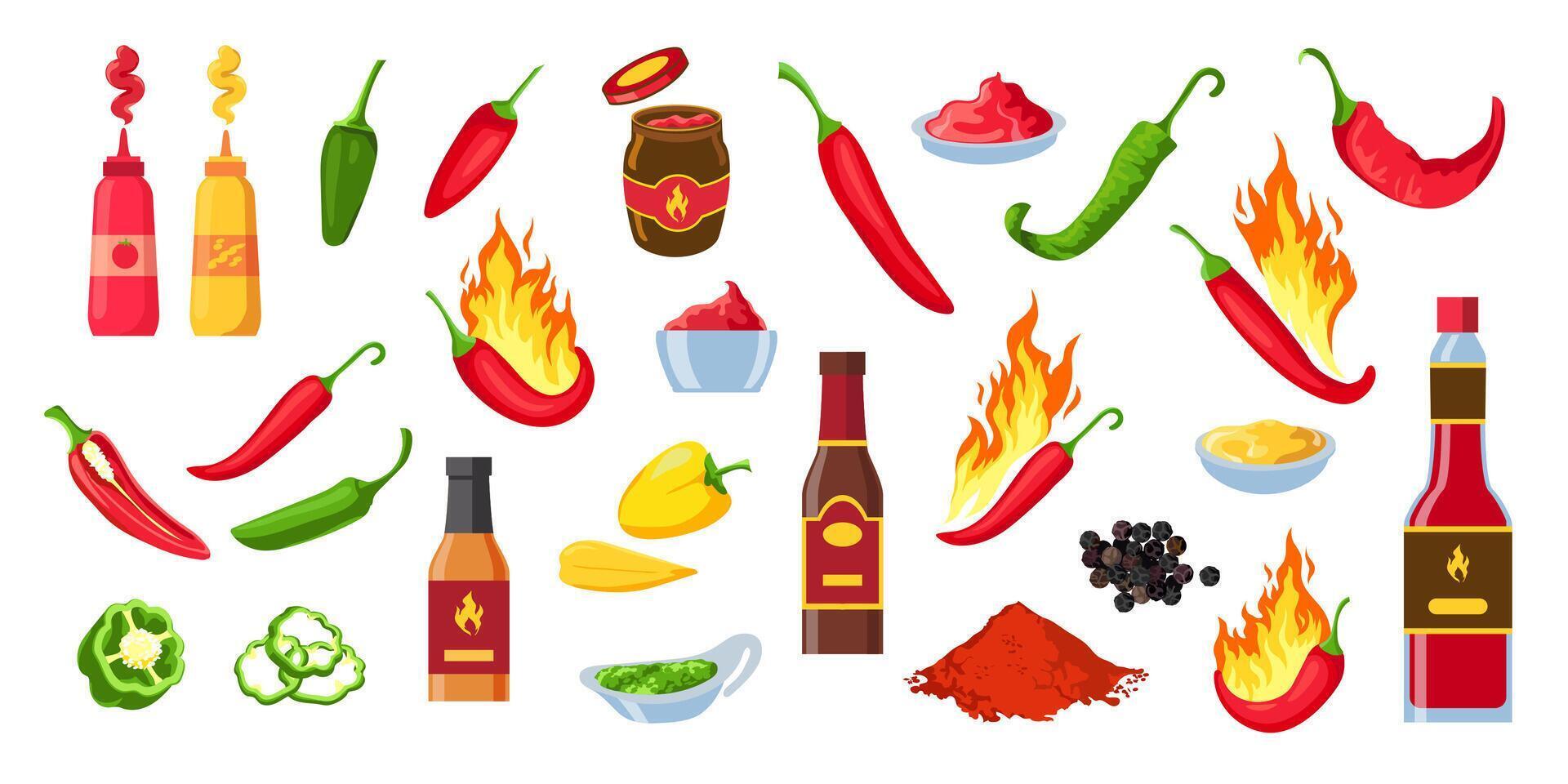 Cartoon hot sauce. Chili ketchup bottles and jars, wasabi and mustard. Souce splashes, spicy dip and cayenne pepper with flames vector set
