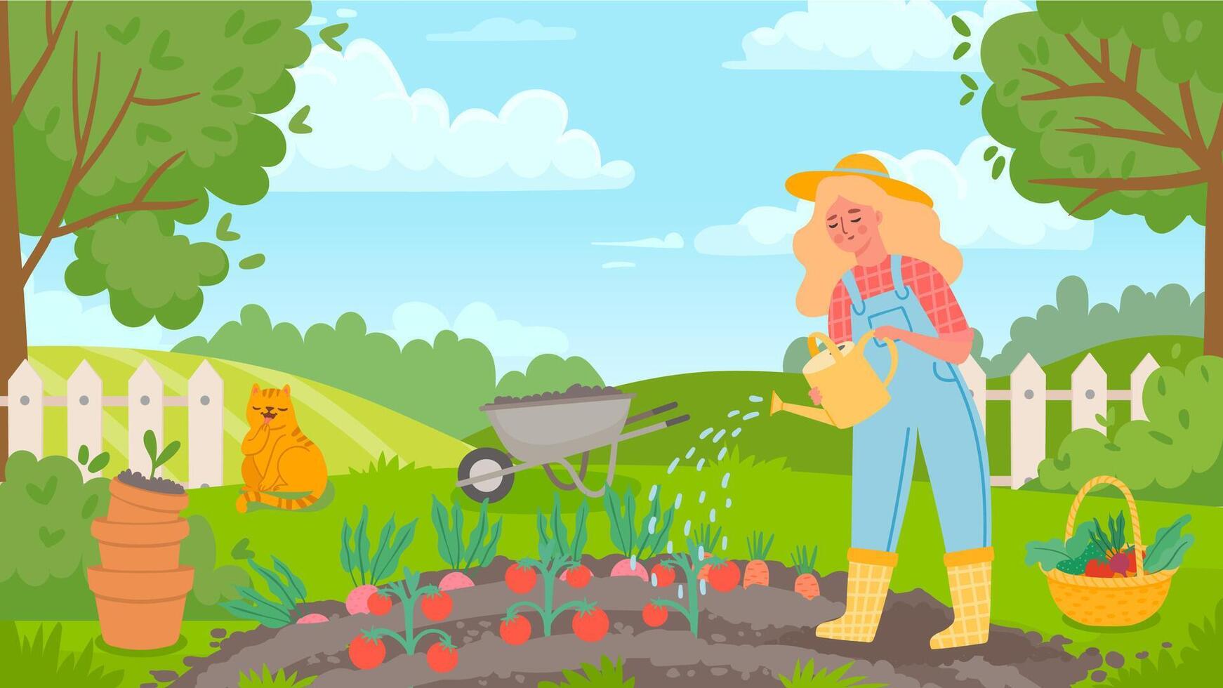 .mujer riego jardín. hembra jardinero obras, agricultura, crece vegetales y aguas tomate. agricultura paisaje y granjero vector concepto