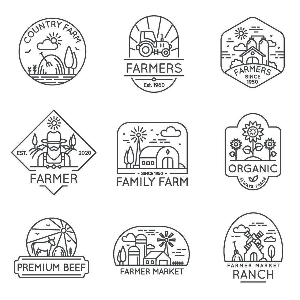granja orgánico producto línea etiqueta y logo con campo y granero. Fresco comida productos iconos, naturaleza campo paisaje. tierras de cultivo vector conjunto