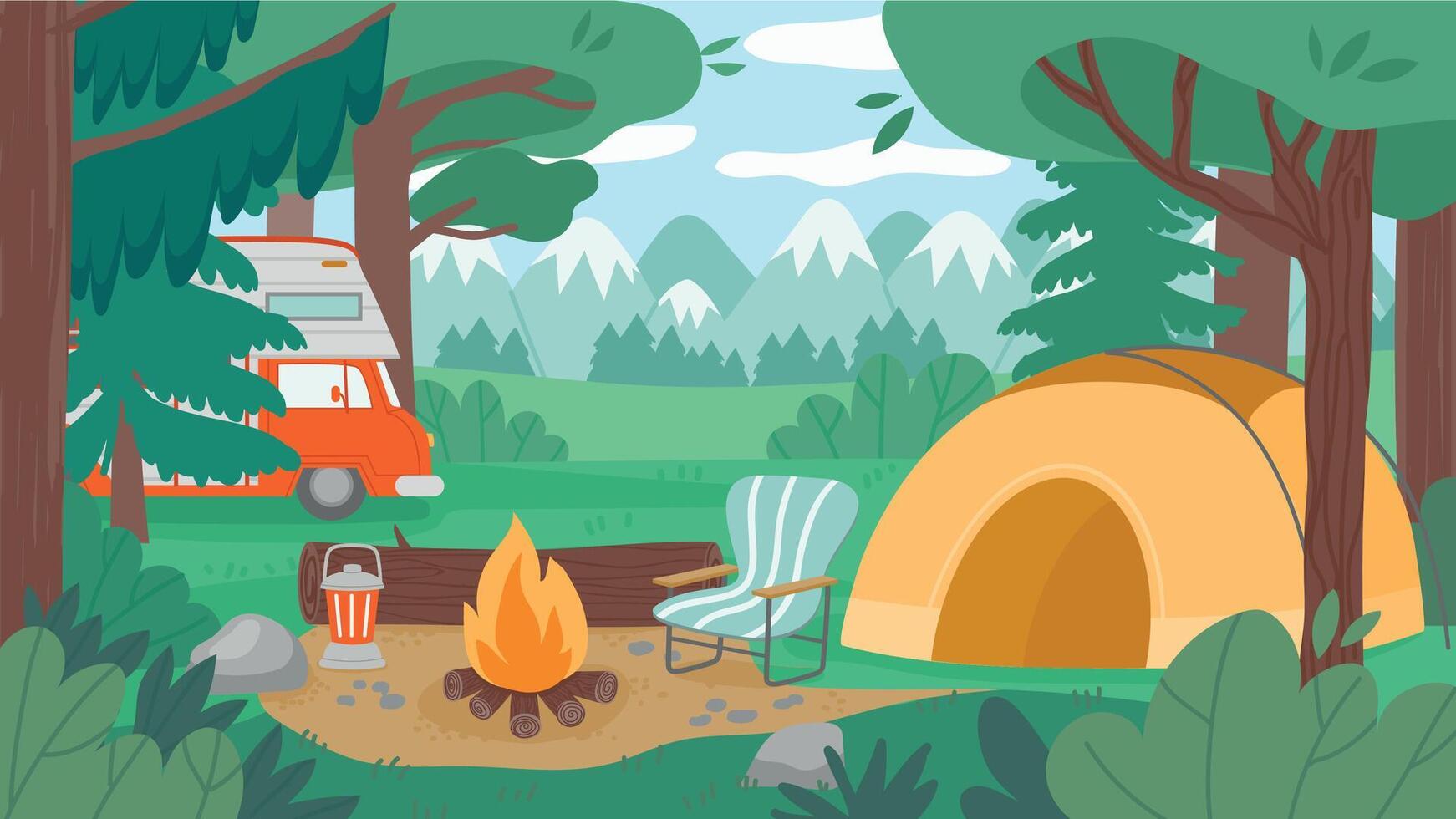 Camping cartoon forest. Tourist campground with campfire cooking pot trailer and summer landscape. Vector camp scenery illustration