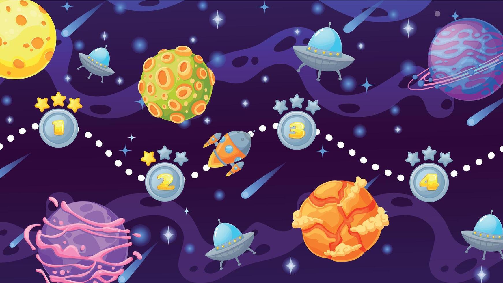 dibujos animados espacio juego nivel mapa con planetas y cohete. cósmico ui pantalla para computadora arcada con astronave, estrellas galaxia y OVNI vector escena
