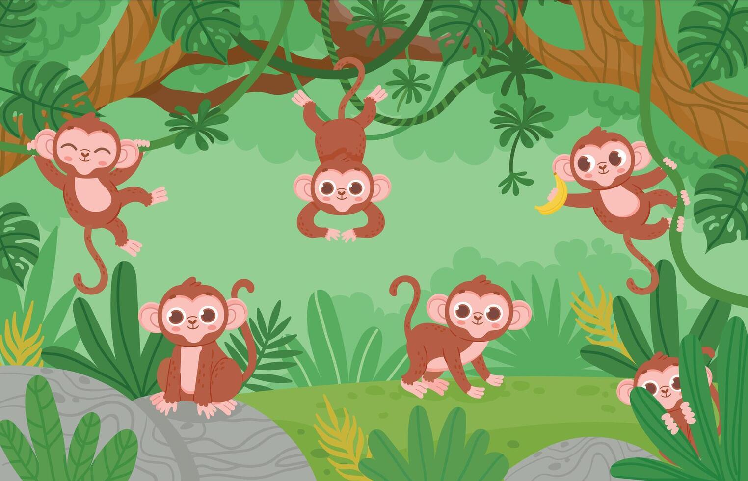 Cute monkeys hanging on lianas trees in jungle forest. Cartoon happy monkey characters play and jump. Childish tropical zoo vector landscape