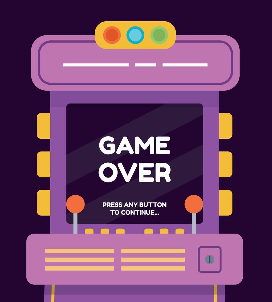 Cartoon retro arcade machine with game over screen. Old gamer 80s console with buttons and joystick. Vector poster with flat arcade monitor