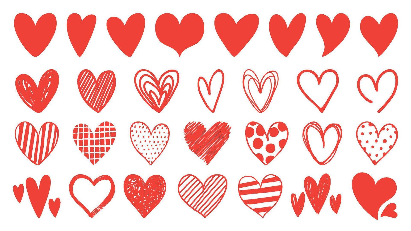 Flat, doodle and sketch red heart shape icon designs. Abstract romantic emoji symbol. Hand drawn wedding and valentine day hearts vector set