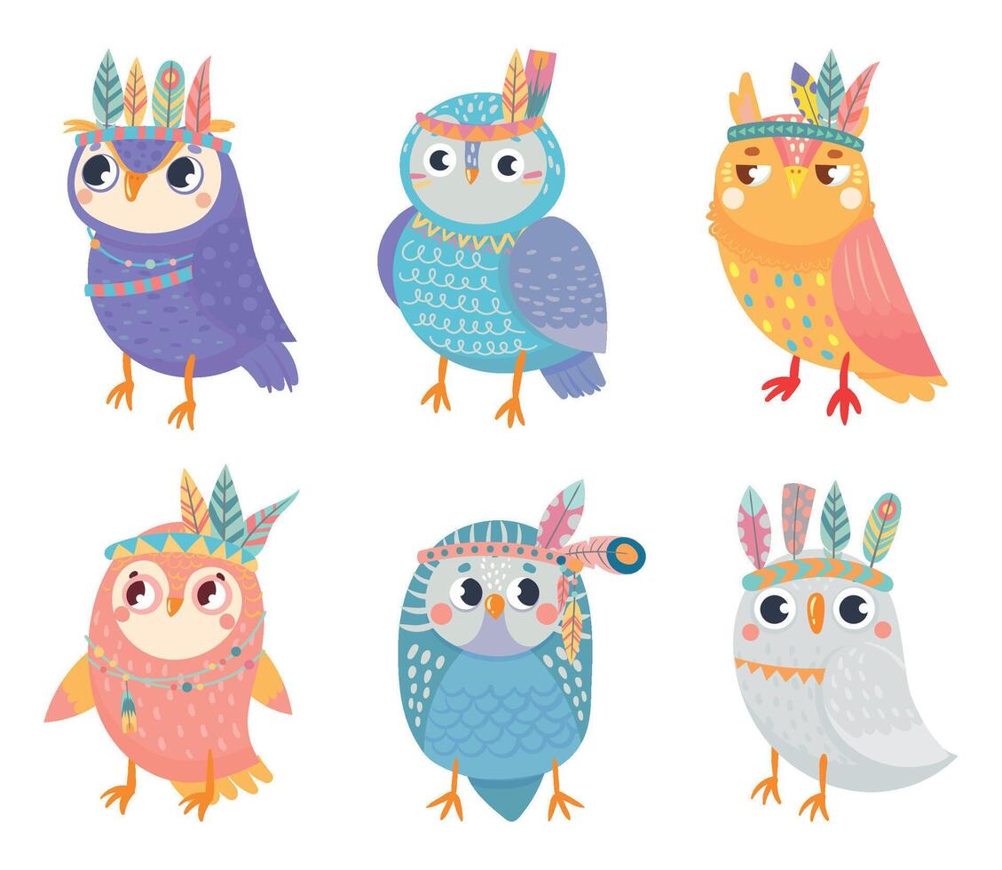 Wild tribal owl collection, night animal with colored feathers vector