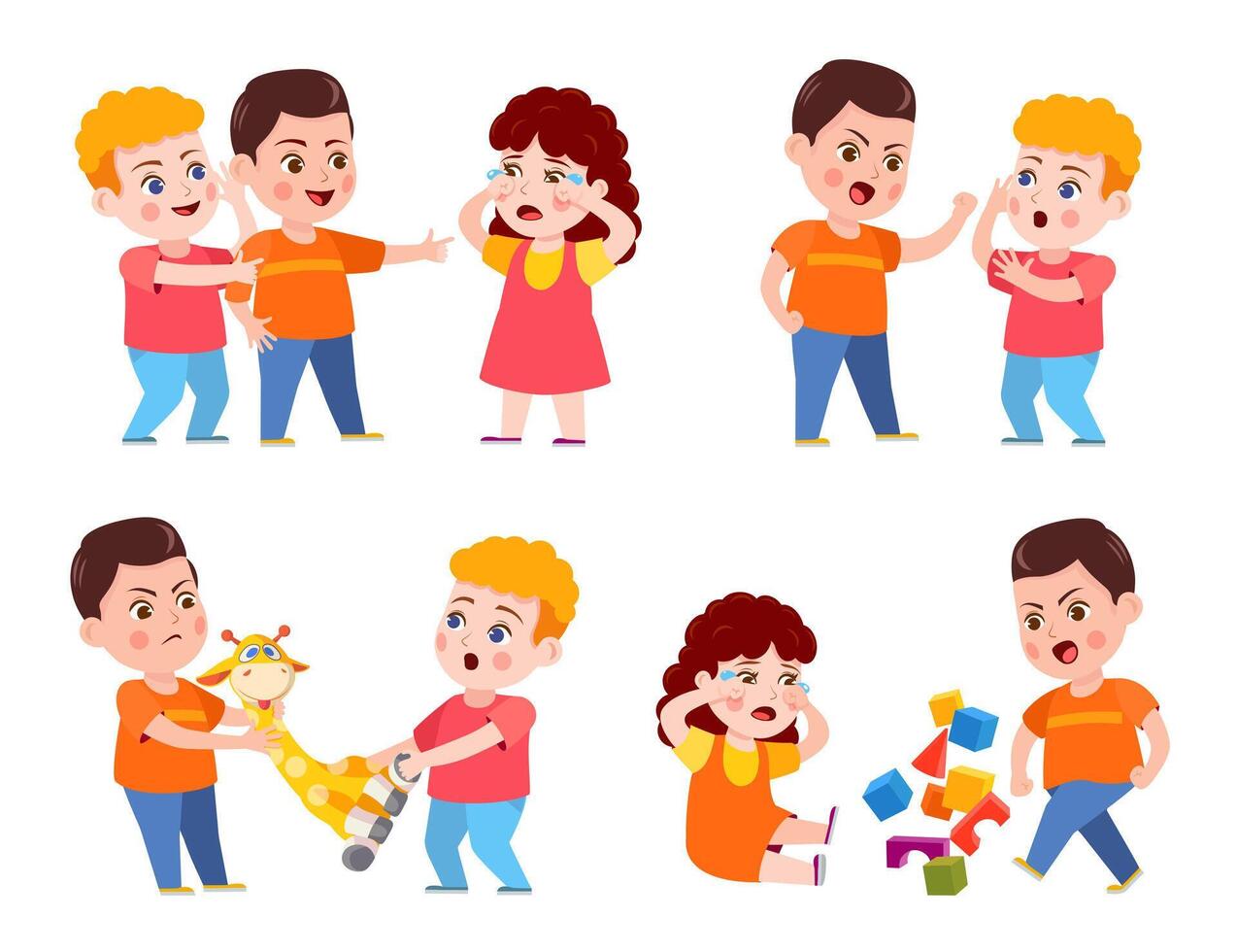 Bully child. Cartoon bad kid fight and mock crying girl. Verbal and physical bullying. Problem behavior children in kindergarten vector set