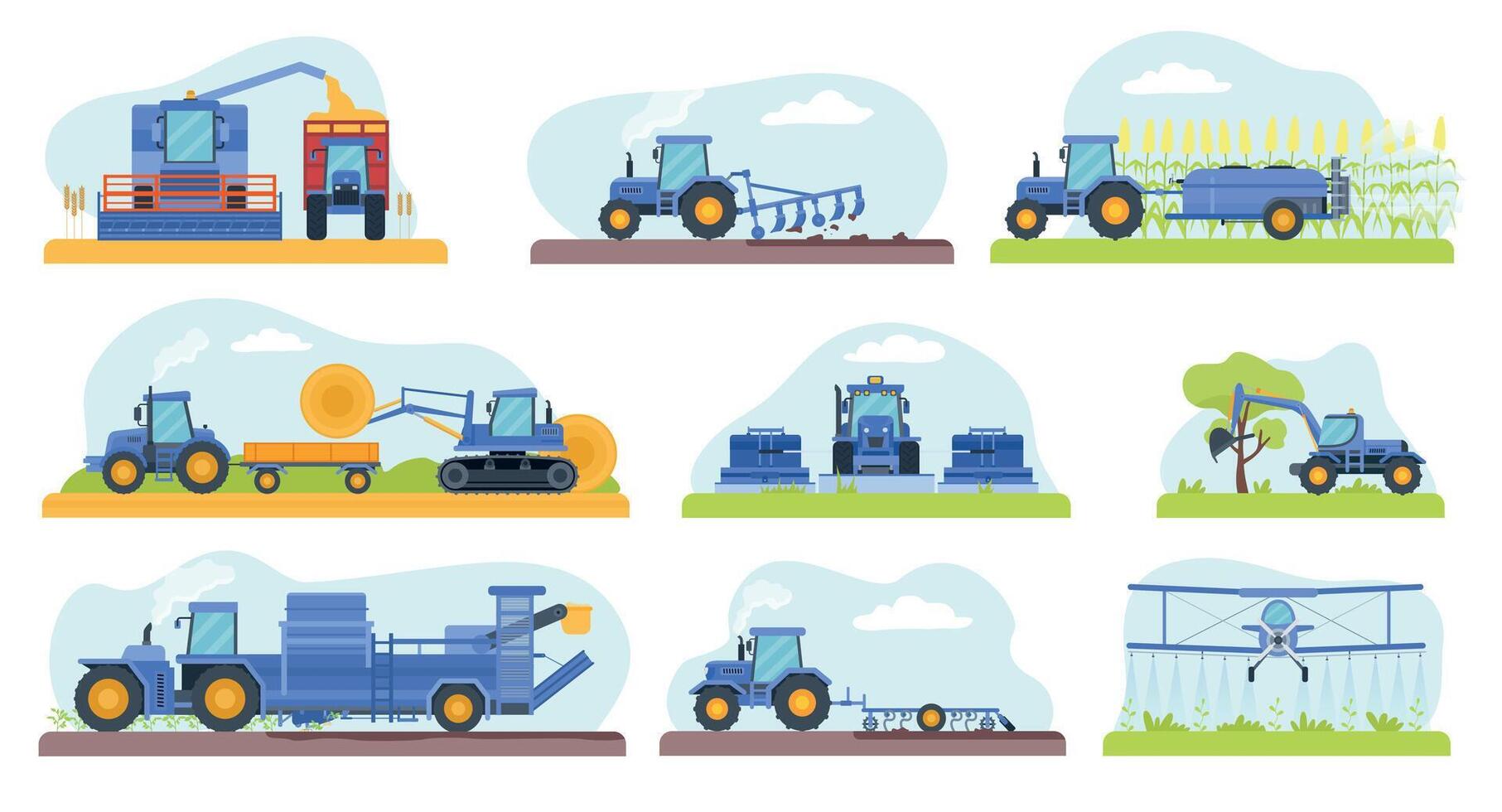 Agricultural machinery work on field, dig soil, water and harvest. Combine machines for cereal crop and corn. Flat farm equipment vector set