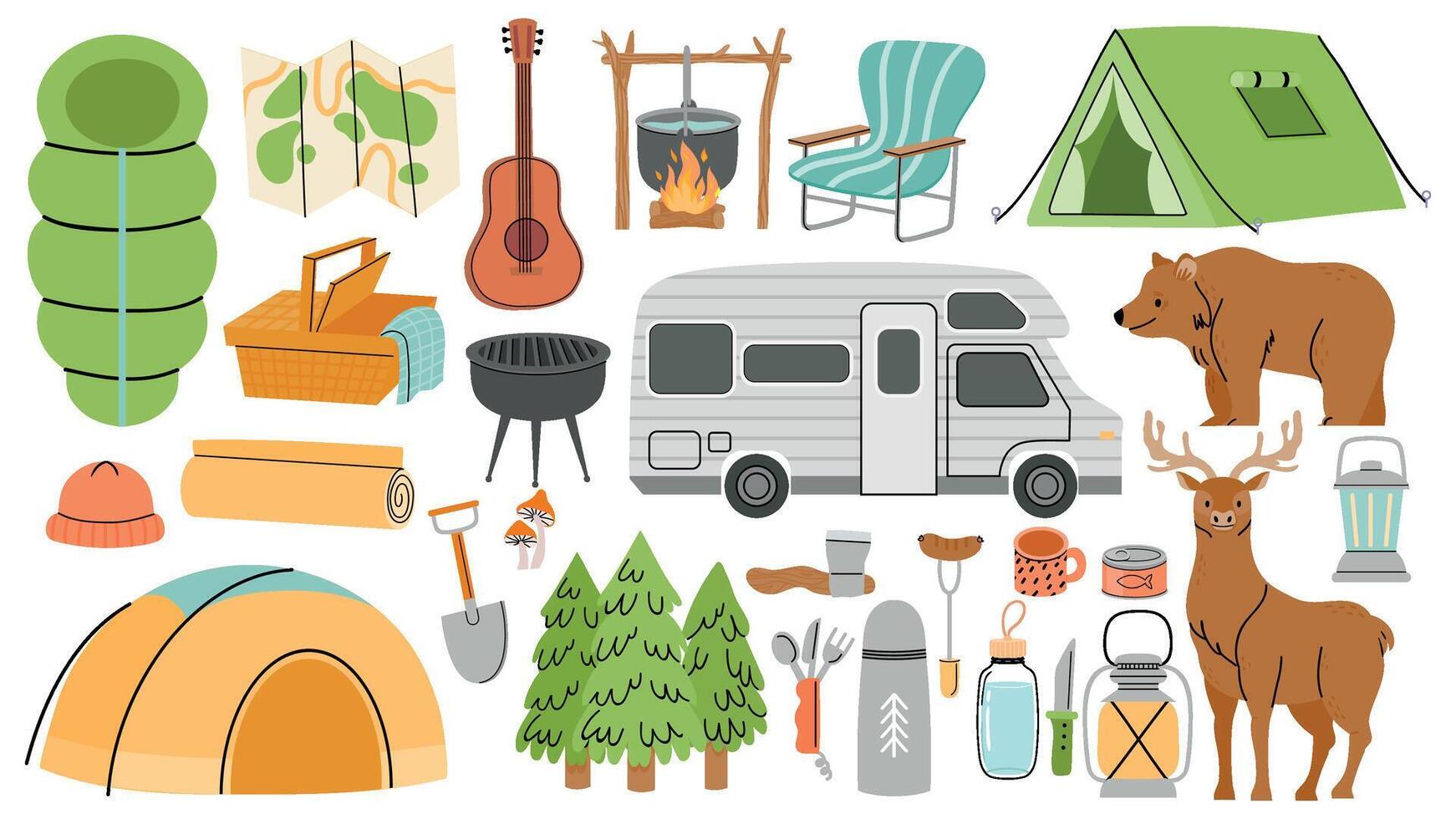 Hiking camp equipment, sleeping bag, barbeque and tents. Cartoon nature forest or mountain exploring travel. Tourist adventure vector set