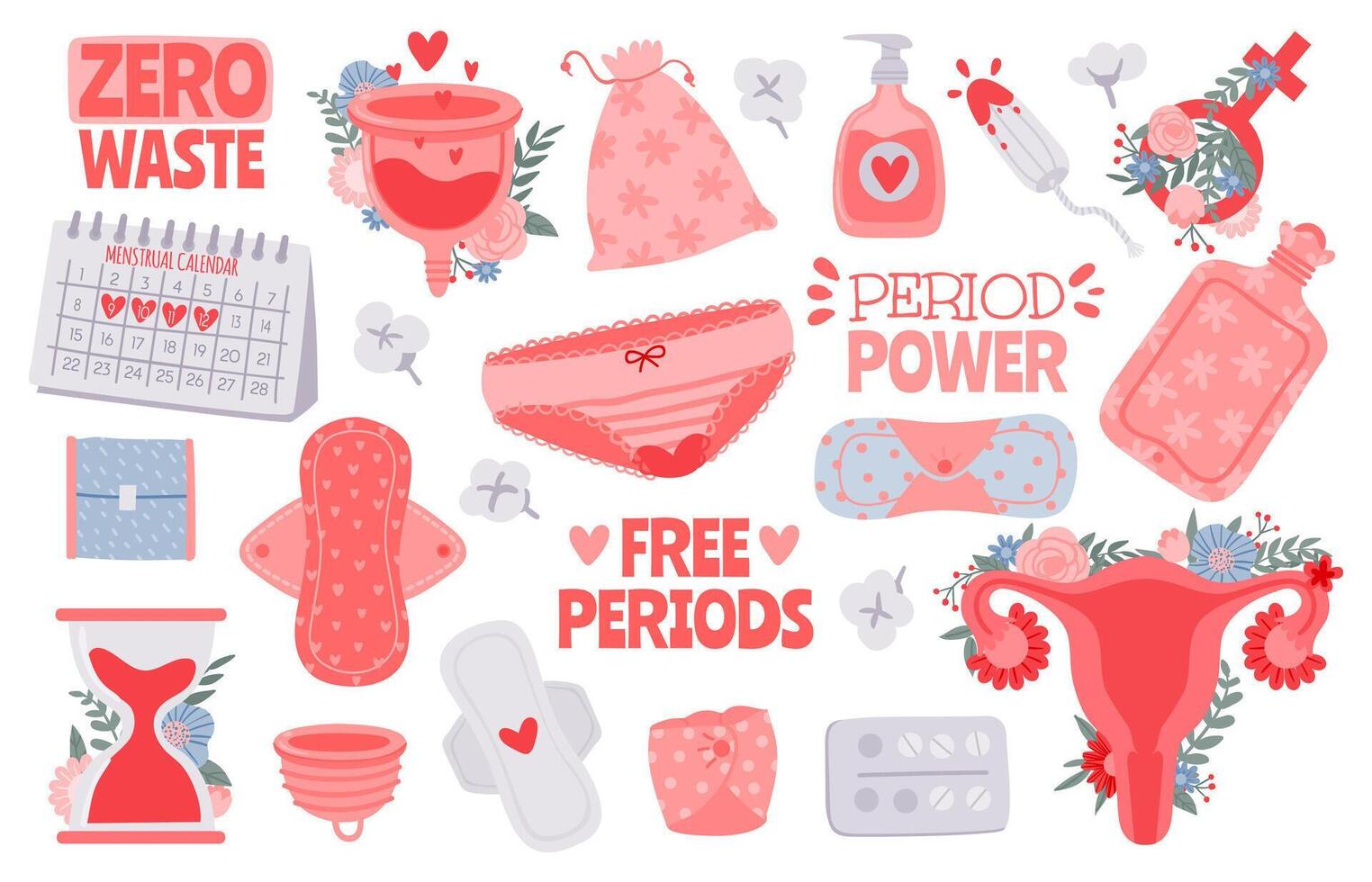 Menstruation hygiene. Female period products - tampon, pads, menstrual cup and cycle calendar. Zero waste for woman critical days vector set