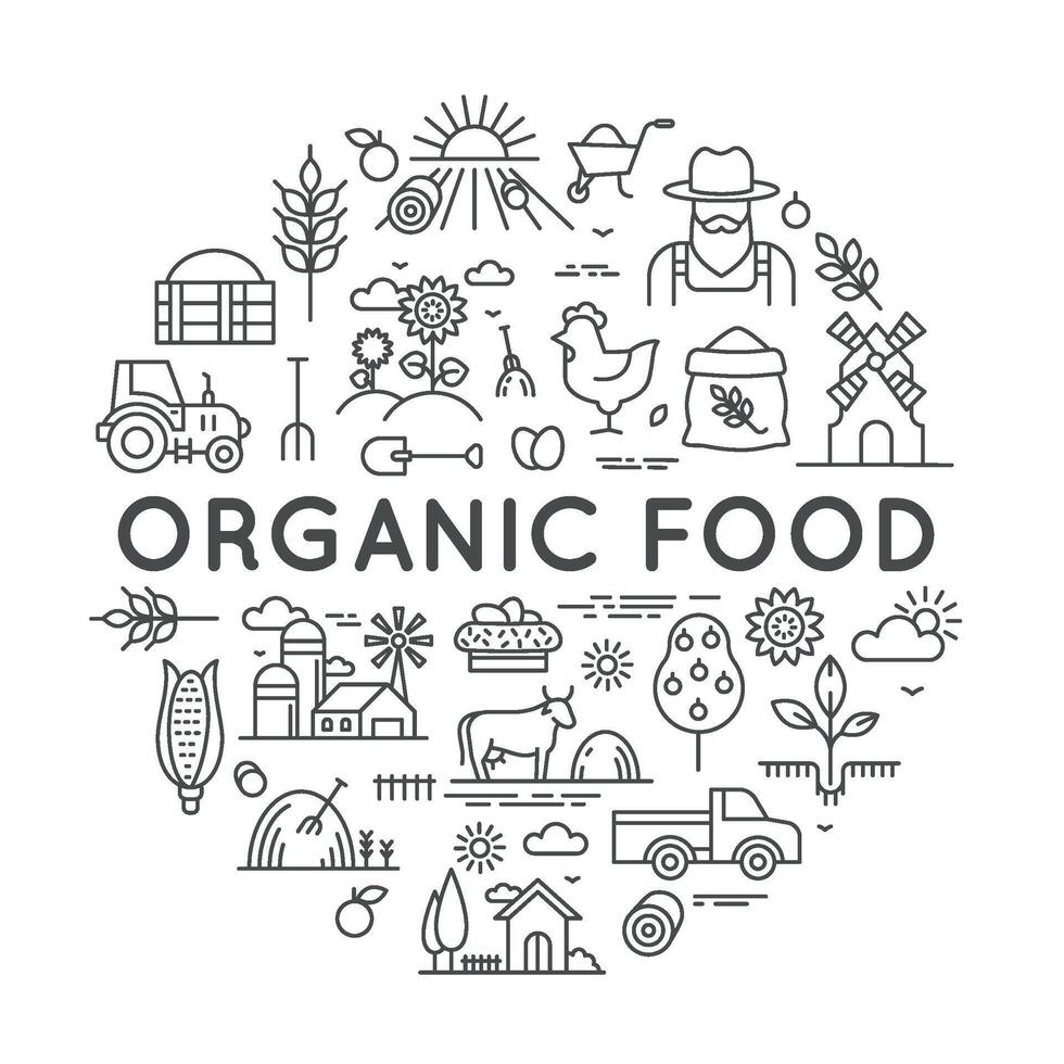 Organic food label for farmer market with agriculture line icons. Round logo with farm fresh eco products, barns and equipment vector design