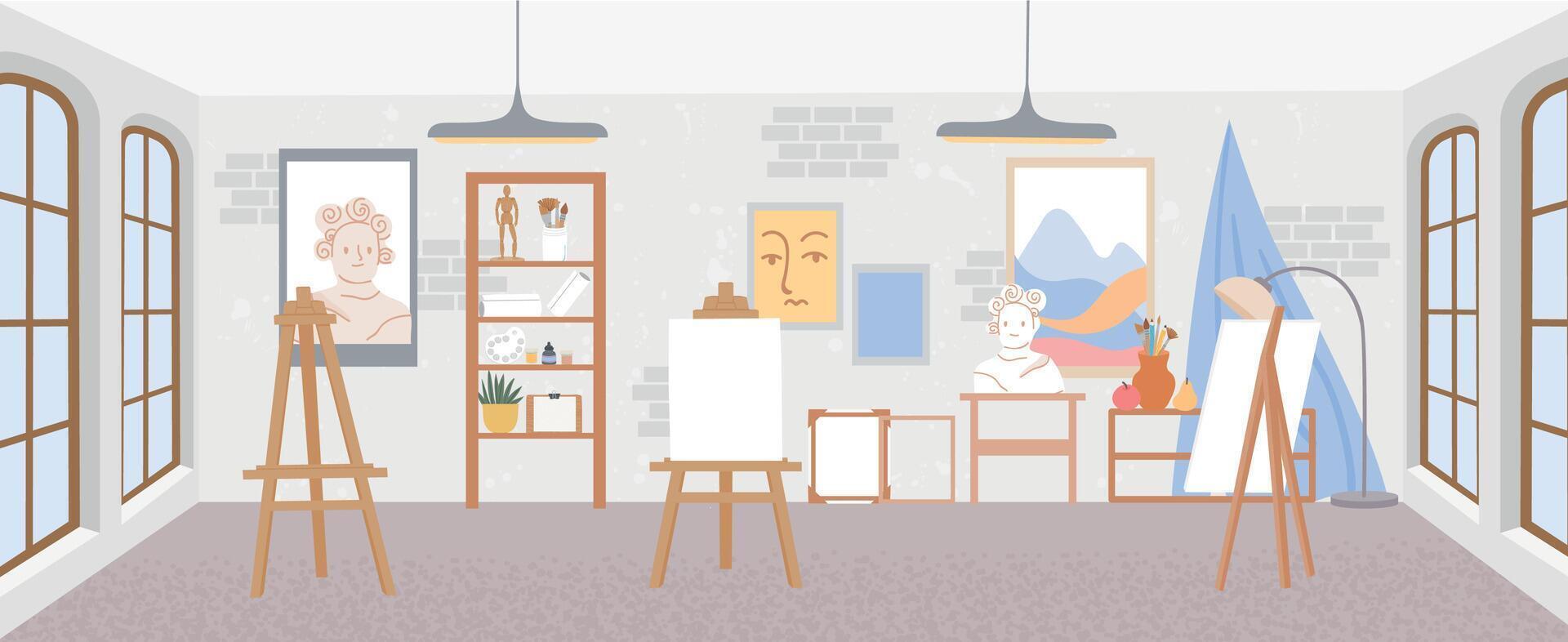 Artist workshop or art studio classroom interior with easels Painter