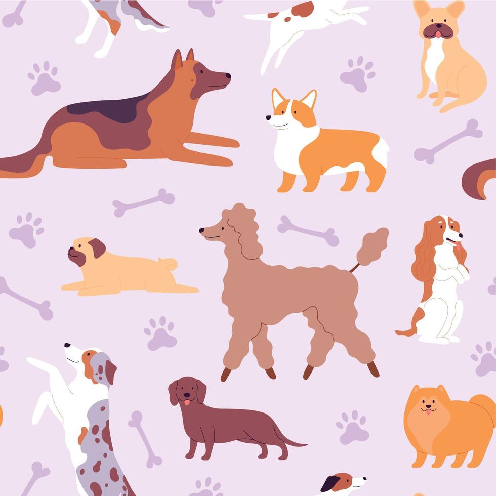 Seamless pattern with cute dogs and puppies in scandinavian style. Print with doodle poodle, pug, corgi and german shepherd vector texture