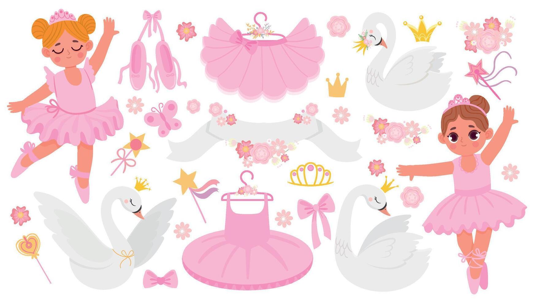 Cartoon ballet shoe, clothing, dancing ballerinas and swans. Cute ballet dance accessories and decoration. Flowers, crowns, tutu vector set