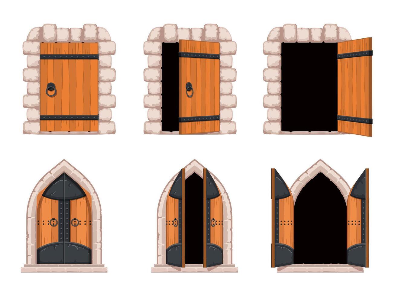 Cartoon open and closed medieval castle door and dungeon gate. Ancient arched wooden, iron and stone gates. Old fortress entrance vector set