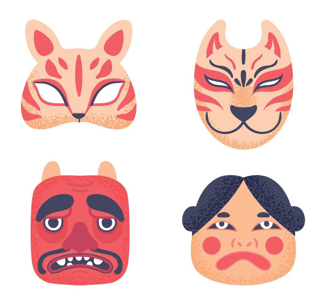 asiático cultura simbolos auténtico japonés teatro mascaras caras. tradicional mitología caracteres para mascarada vector