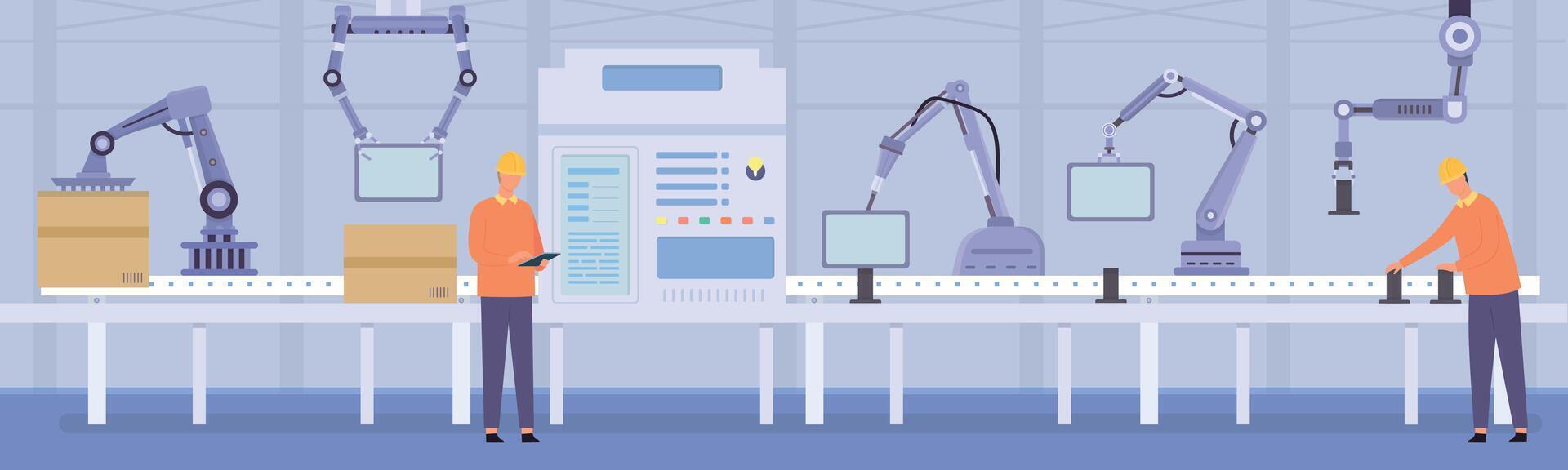 Robot arms and people workers on manufacture conveyor line. Automated assembly and packing products machinery. Smart factory vector concept