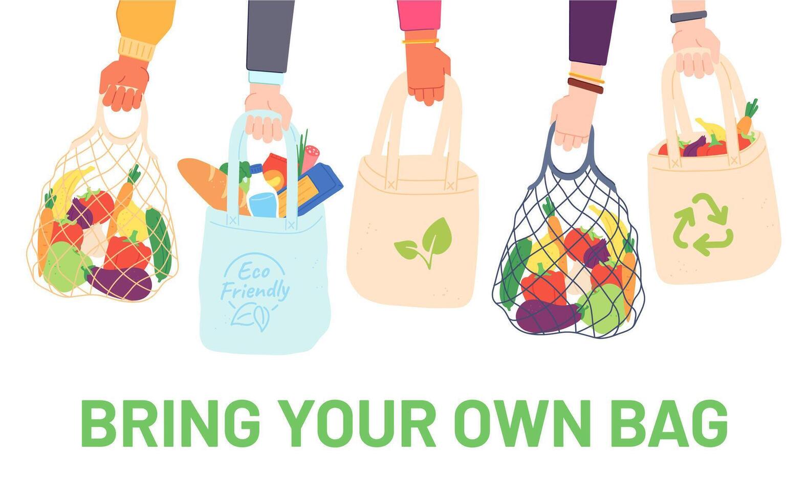 Hands hold eco bags. People bring own bag for grocery. Reusable plastic free pack with food. Zero waste products for shopping vector concept