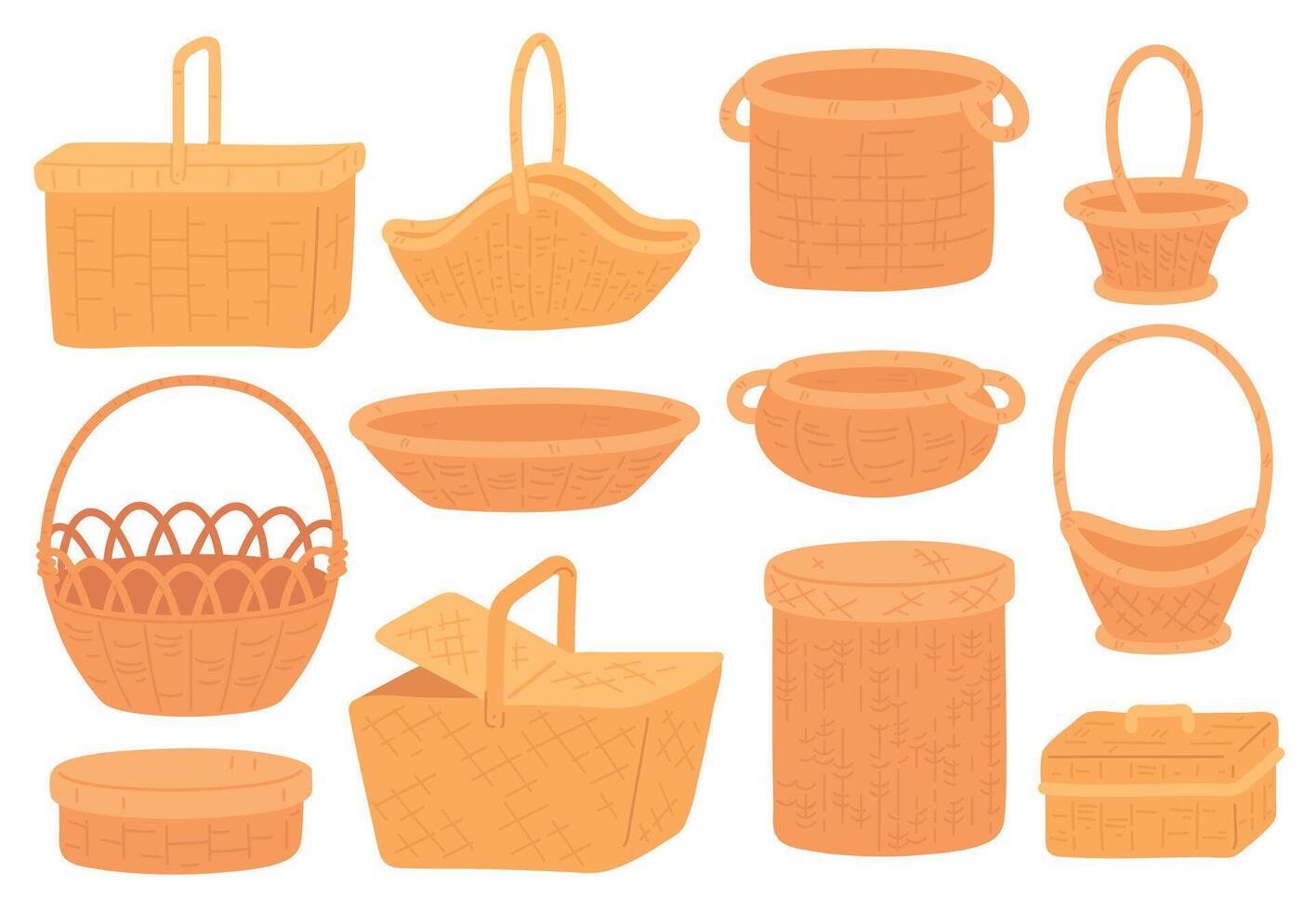 Wicker baskets. Empty straw basket for picnic, grocery or gift. Handmade round bamboo hamper and box. Trendy flat rattan basketry vector set