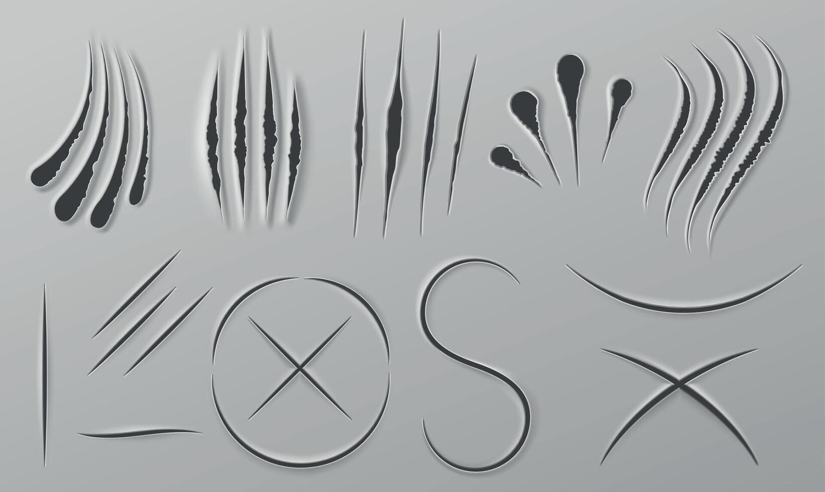 Realistic paper knife cuts. Wild animal claw scratches, slice line and sharp blade cross wound. Paw slash and beast attack marks vector set