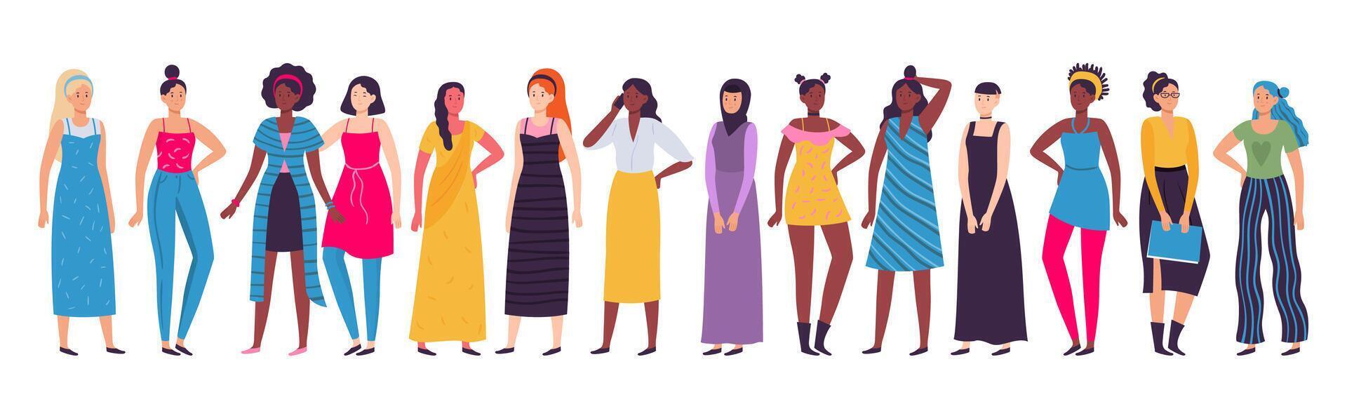 Multiethnic group of women. Vector diverse standing female